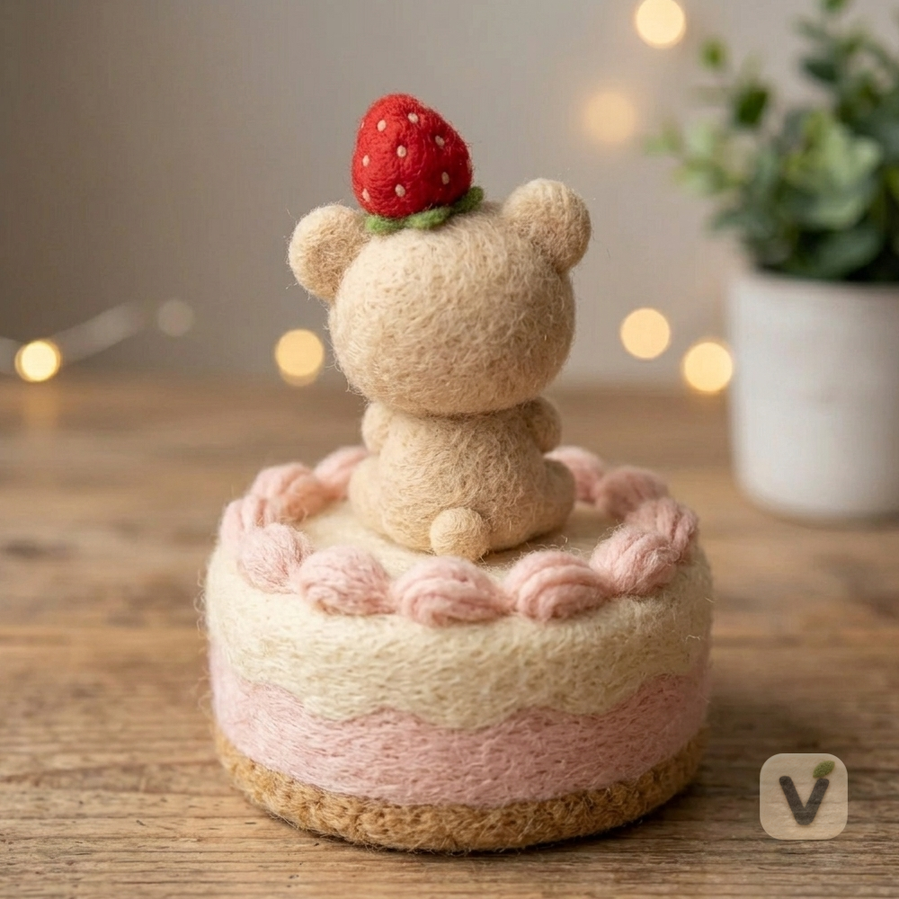 Handmade Wool Felt Bear on Strawberry Cake Ornament – Cute Dessert Themed Desktop Figurine
