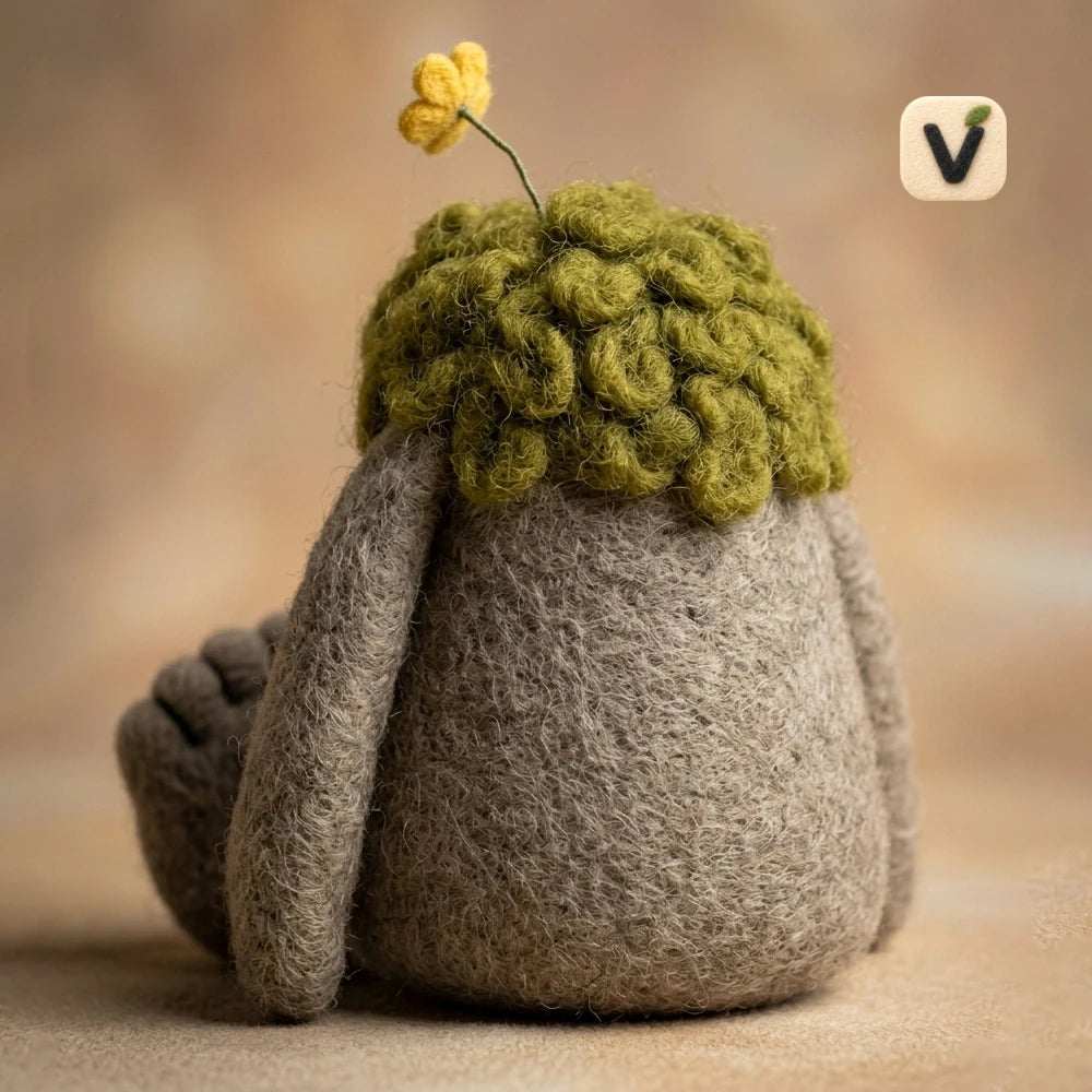 Handmade Wool Felt Cute Mossy Forest Monster Figurine with Yellow Flower – Whimsical Nature Decor