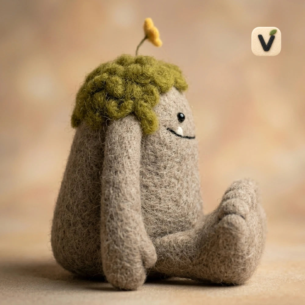 Handmade Wool Felt Cute Mossy Forest Monster Figurine with Yellow Flower – Whimsical Nature Decor