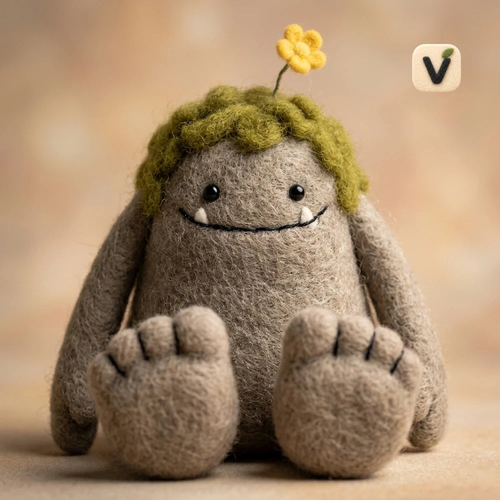 Handmade Wool Felt Cute Mossy Forest Monster Figurine with Yellow Flower – Whimsical Nature Decor