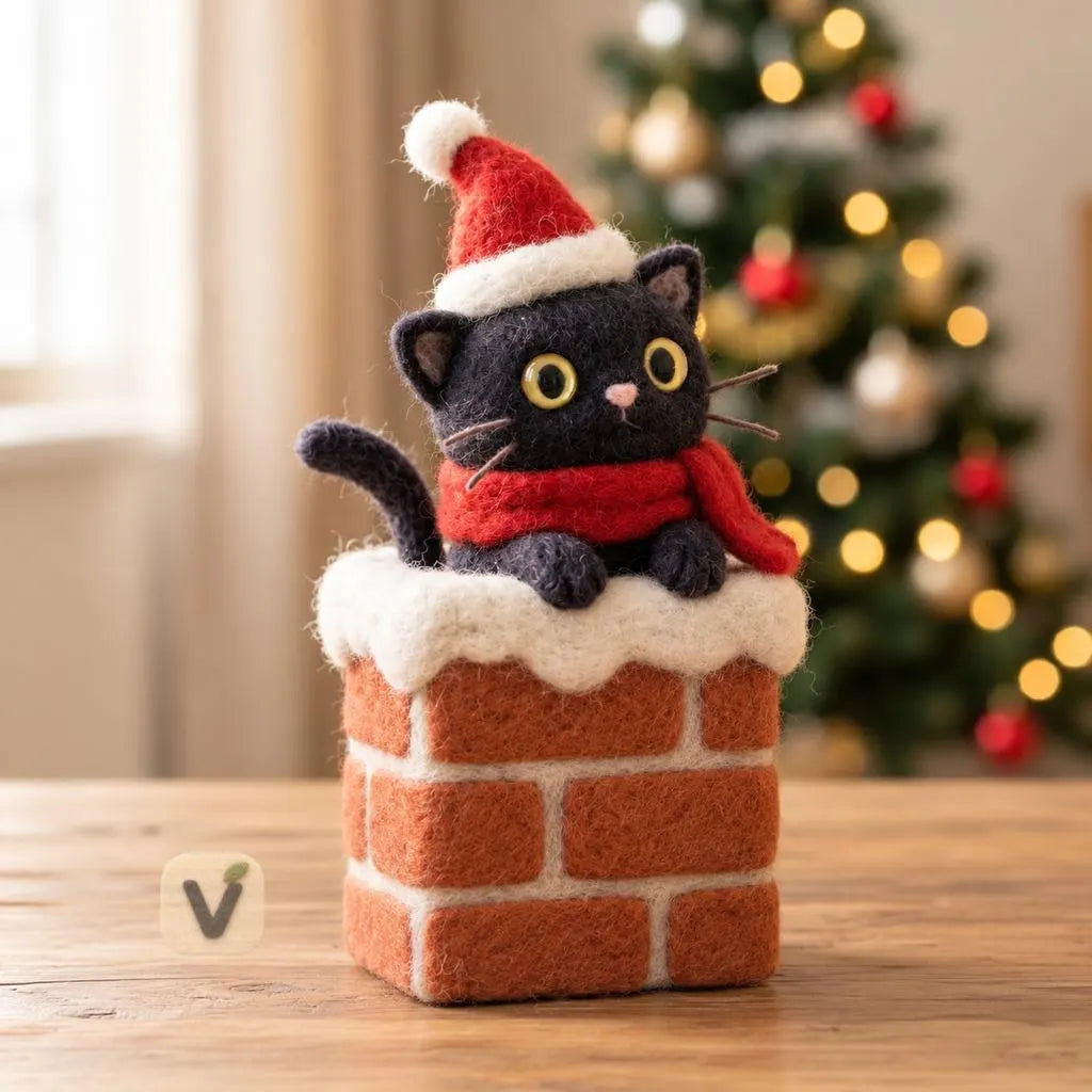 Black Kitty's Snowy Chimney Figurine