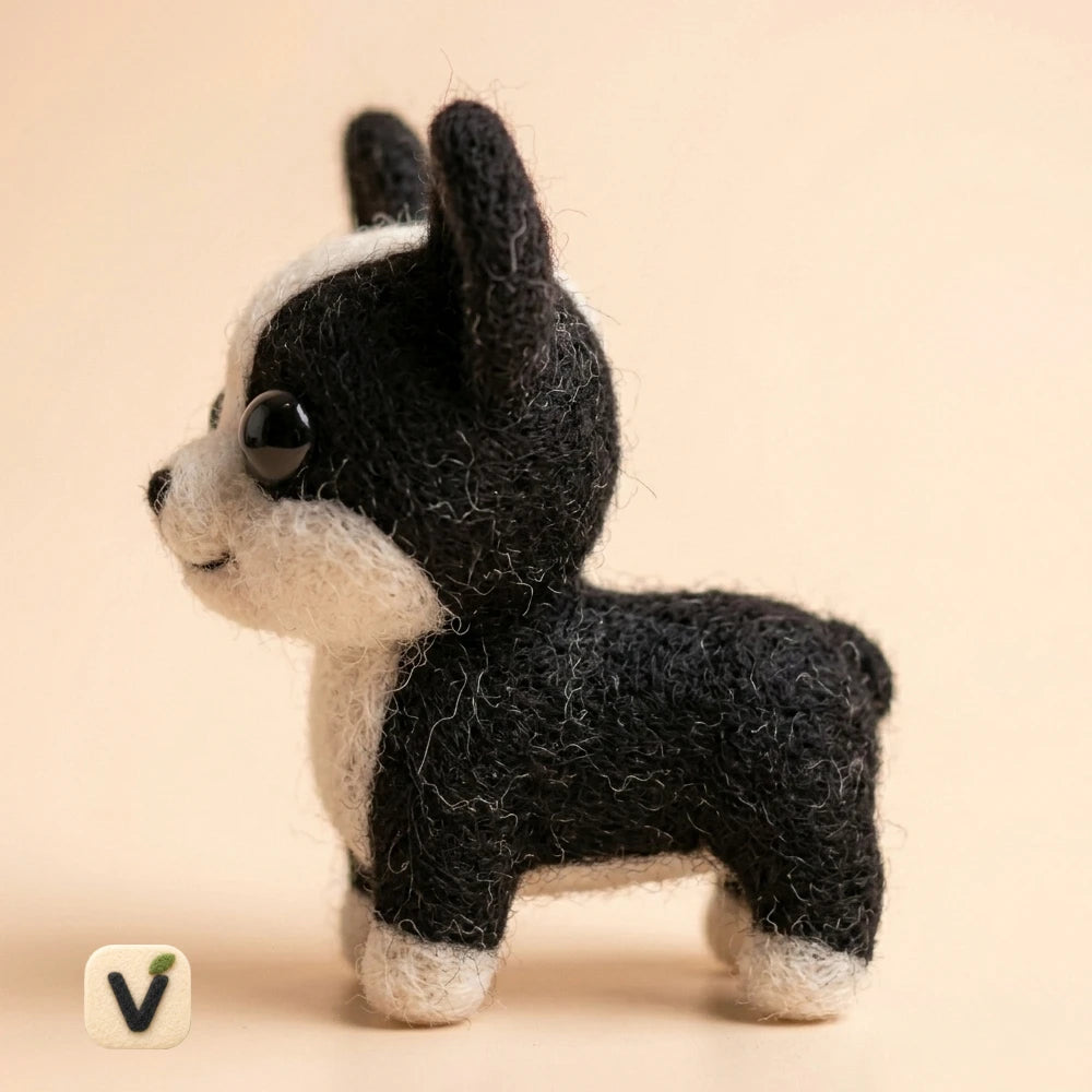 Handmade Wool Felt Black & White Corgi Puppy Figurine – Cute Pet Desktop Decor