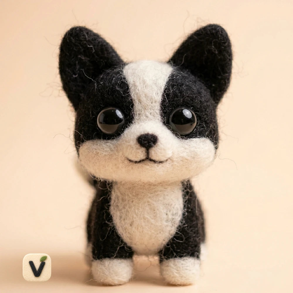 Handmade Wool Felt Black & White Corgi Puppy Figurine – Cute Pet Desktop Decor