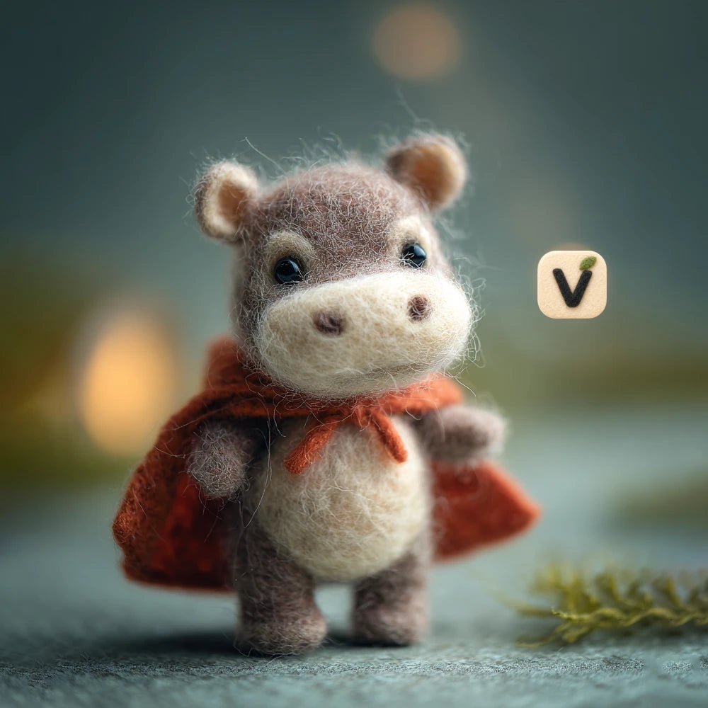 Handmade Wool Felt Cute Hippo Figurine with Orange Superhero Cape – Wildlife Desktop Decor