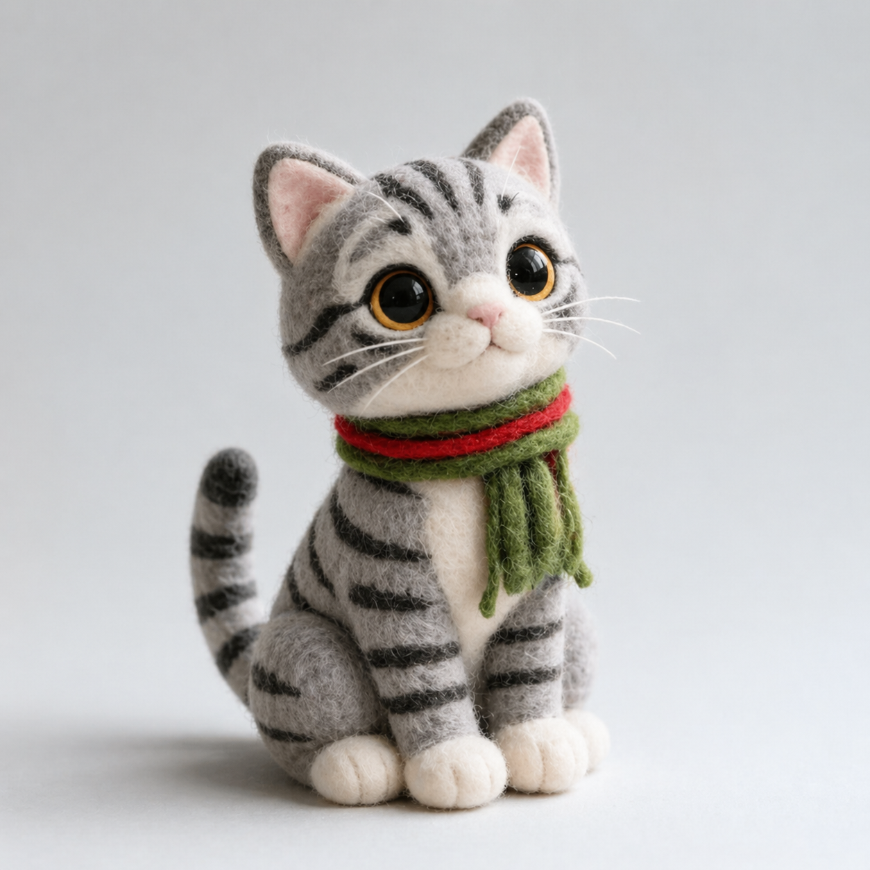 Handmade Wool Felt Tabby Cat with Scarf Figurine – Cute Festive Decor