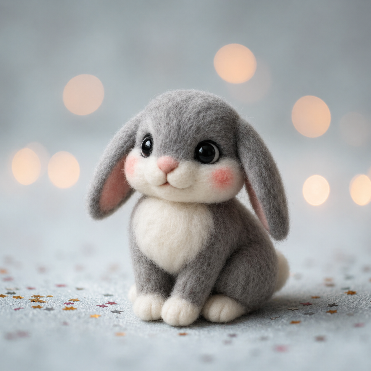 Handmade Wool Felt Grey Lop-Eared Bunny Figurine – Cute Whimsical Decor