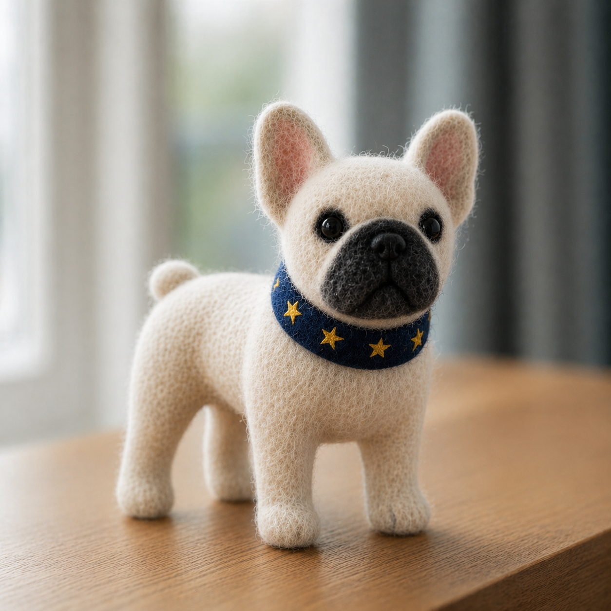 Handmade Wool Felt French Bulldog with Star Collar Figurine – Cute Pet Decor