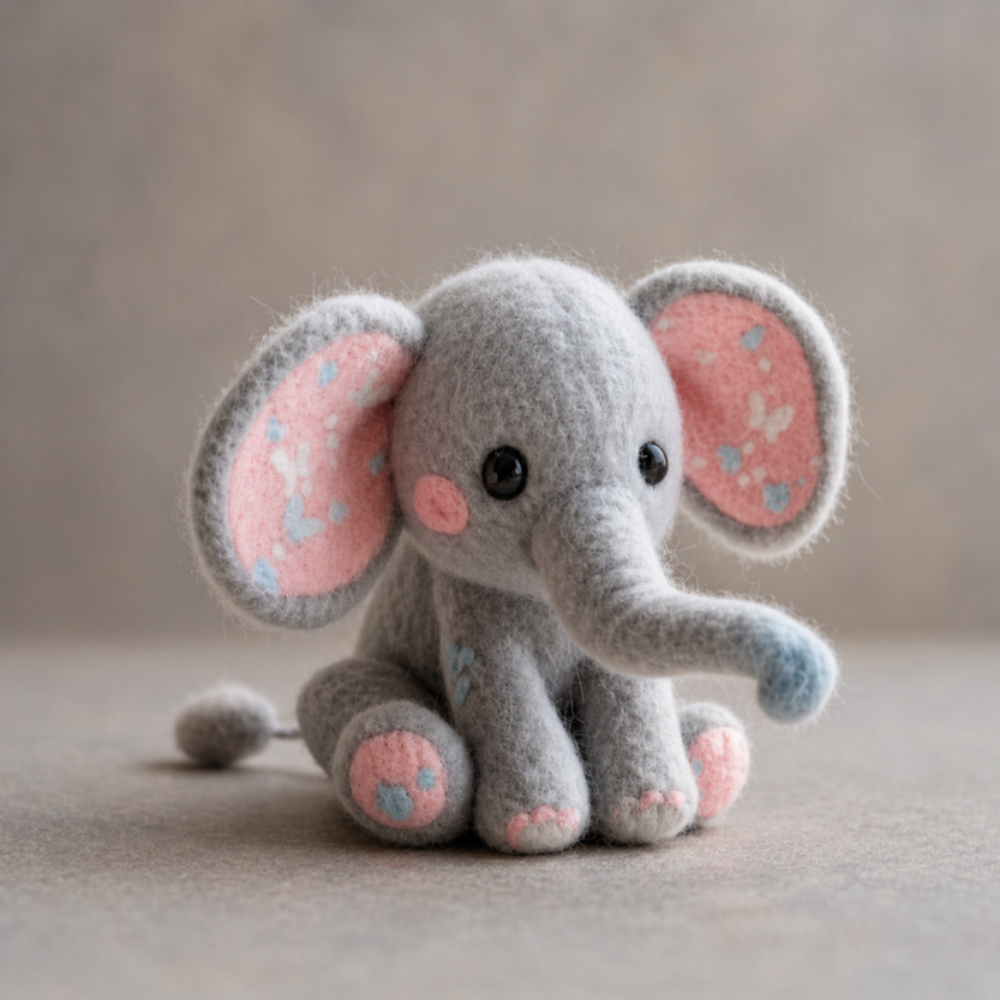 Handmade Wool Felt Grey Elephant with Pink Accents Figurine – Cute Nursery Decor