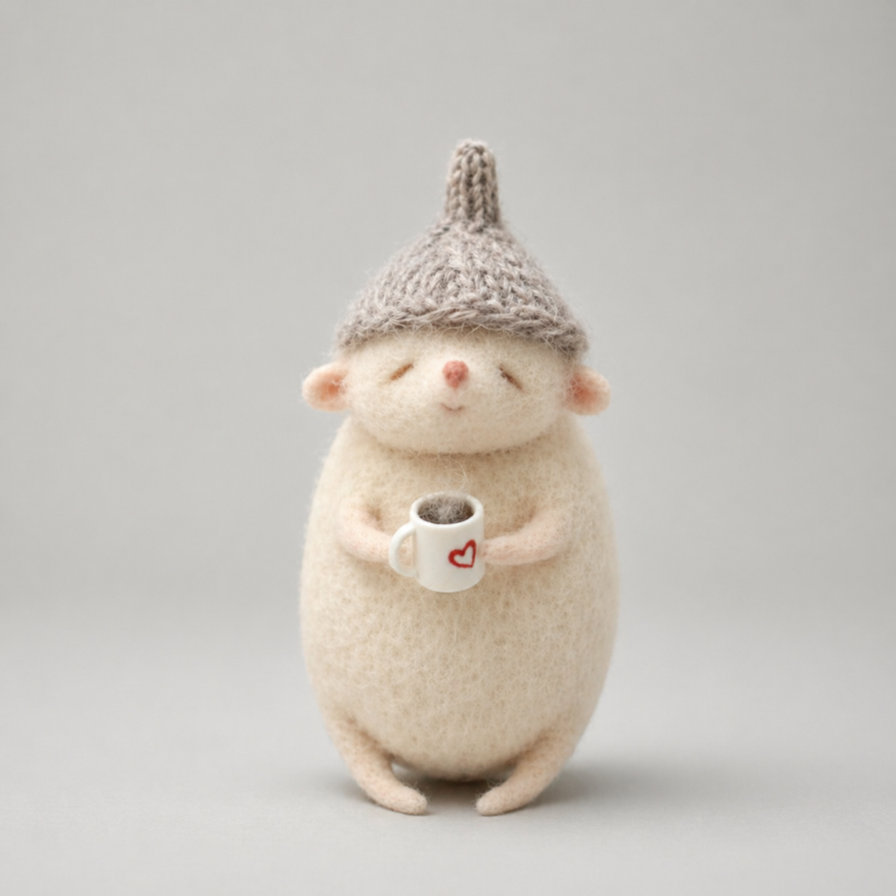 Handmade Wool Felt Mouse with Mug Figurine – Cute Cozy Decor