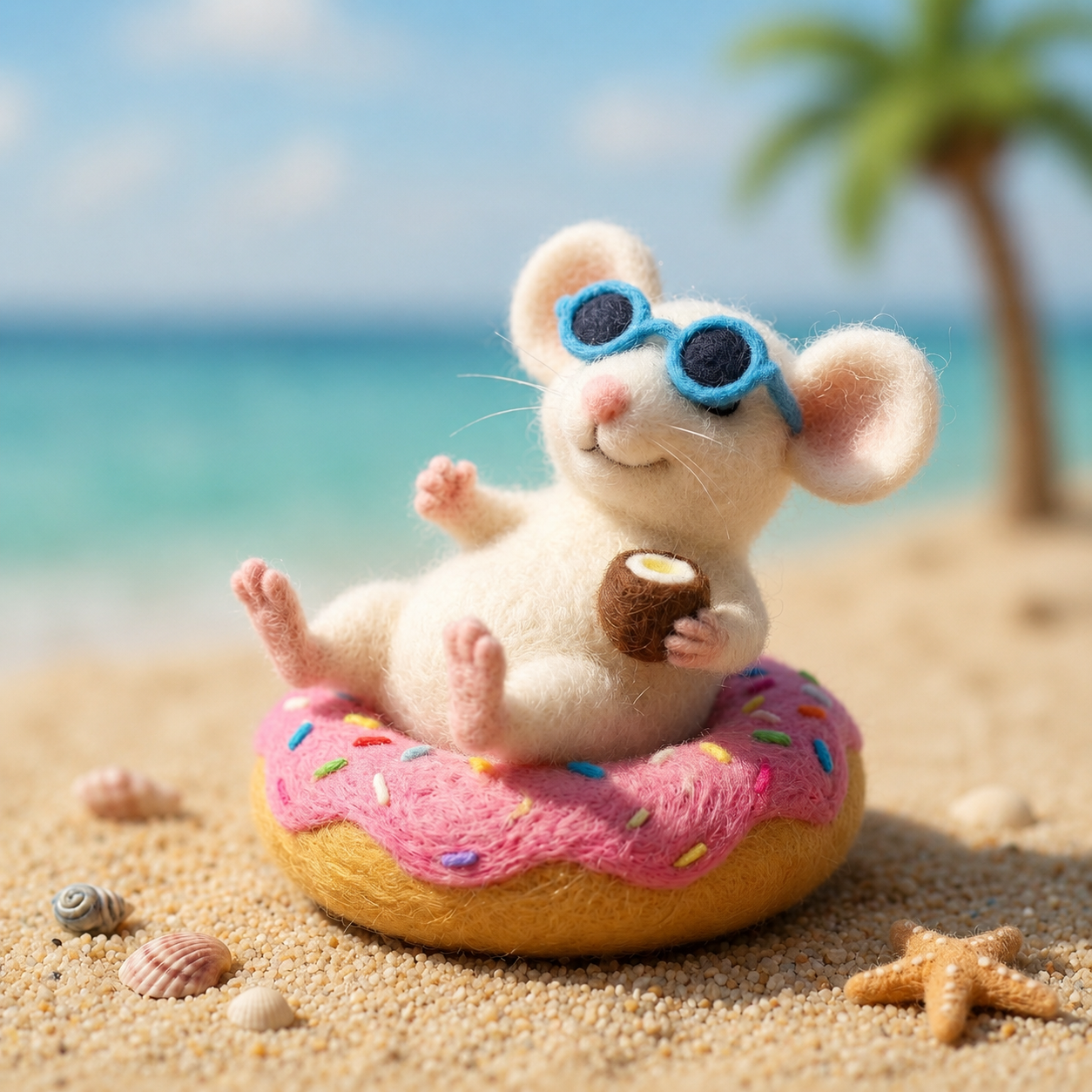 Handmade Wool Felt Beach Mouse on Donut Float Figurine – Cute Summer Decor