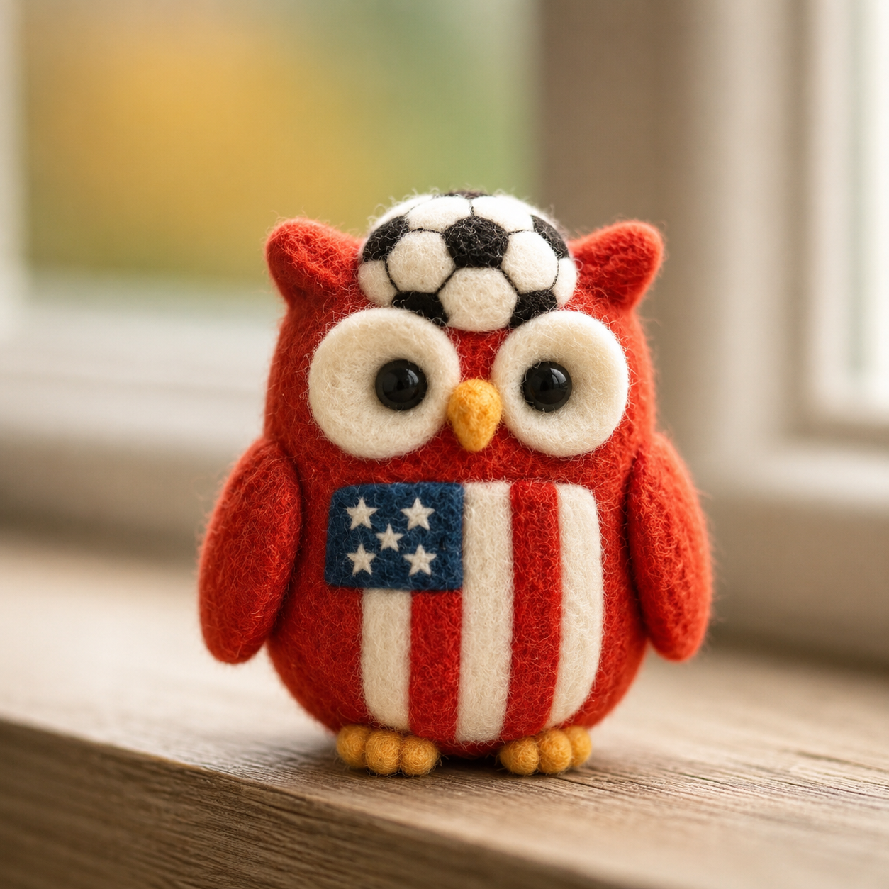Handmade Wool Felt USA Patriotic Soccer Owl Figurine – Cute Sports Decor