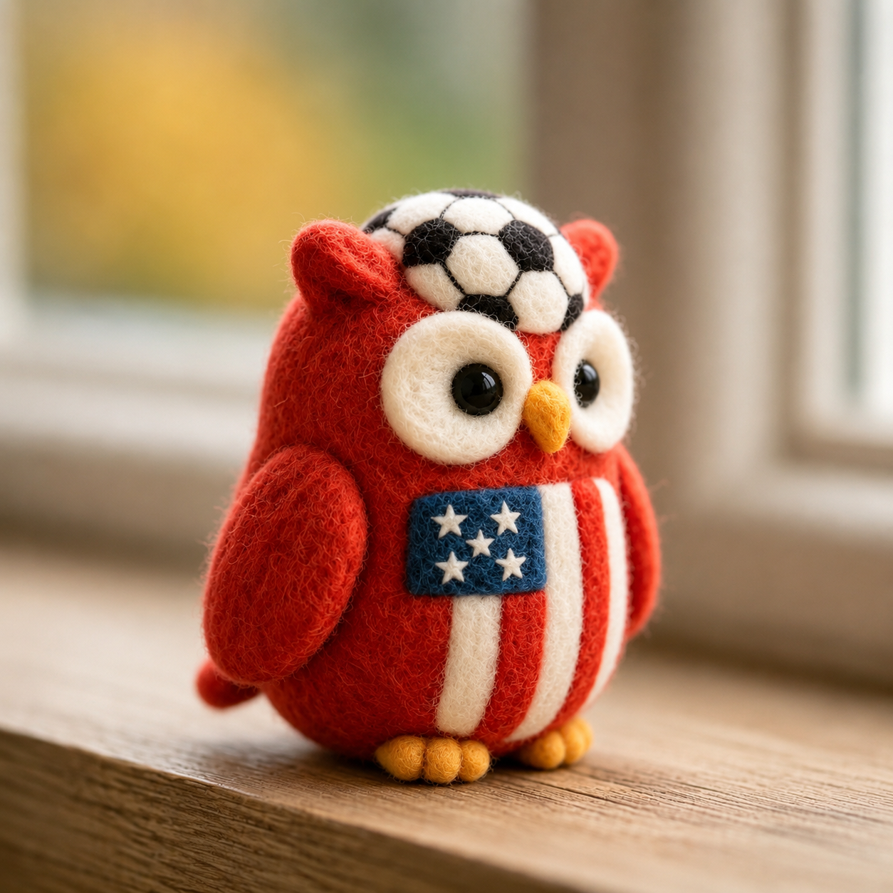 Handmade Wool Felt USA Patriotic Soccer Owl Figurine – Cute Sports Decor