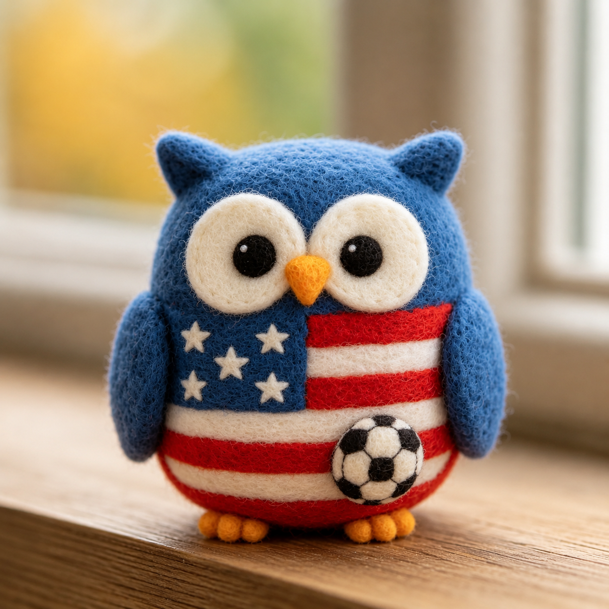 Handmade Wool Felt USA Patriotic Soccer Owl Figurine – Cute Sports Decor