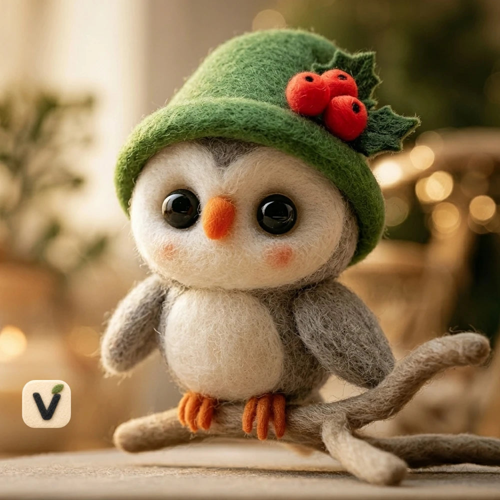 Handmade Wool Felt Christmas Owl Figurine with Green Holly Hat on Branch – Holiday Desktop Ornament