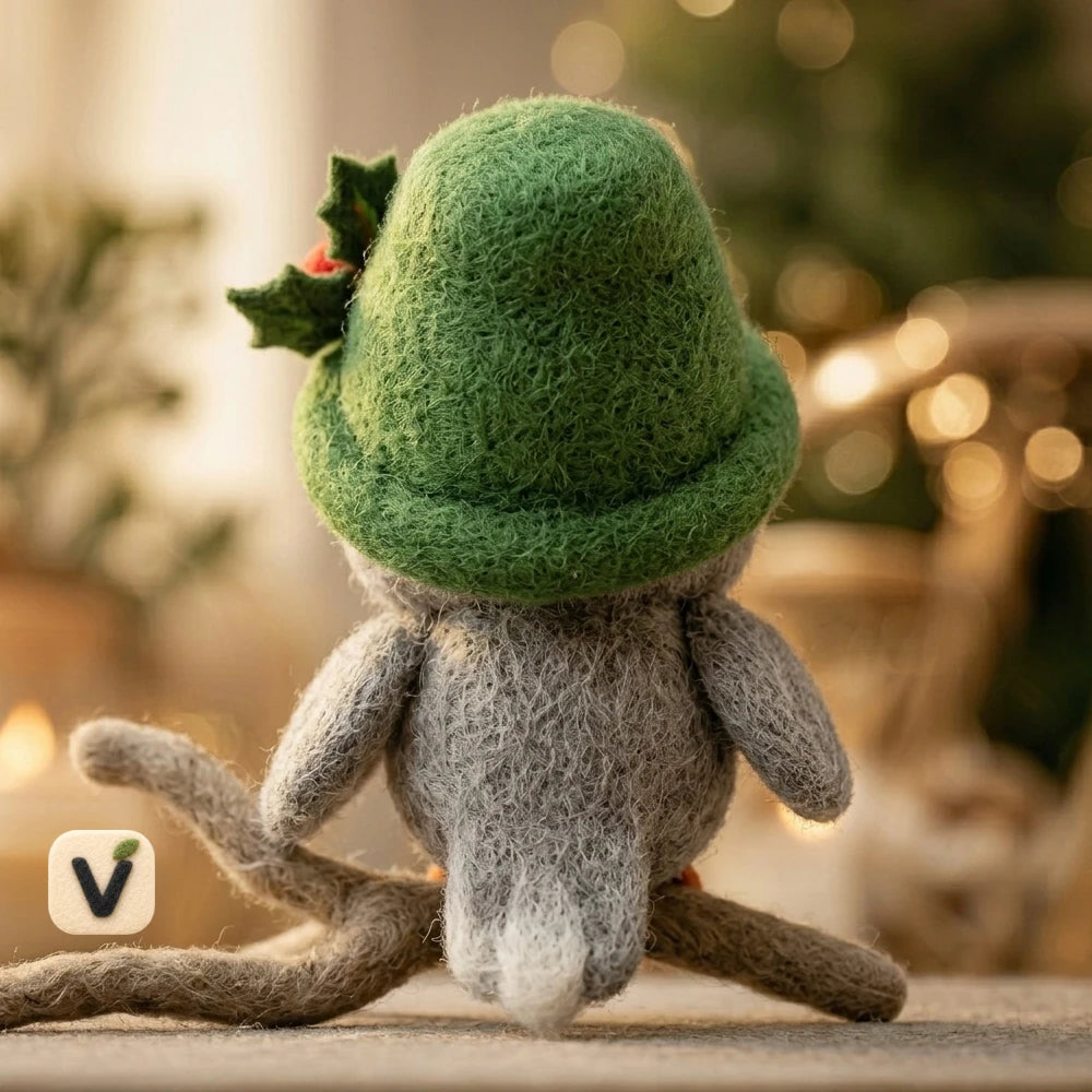 Handmade Wool Felt Christmas Owl Figurine with Green Holly Hat on Branch – Holiday Desktop Ornament