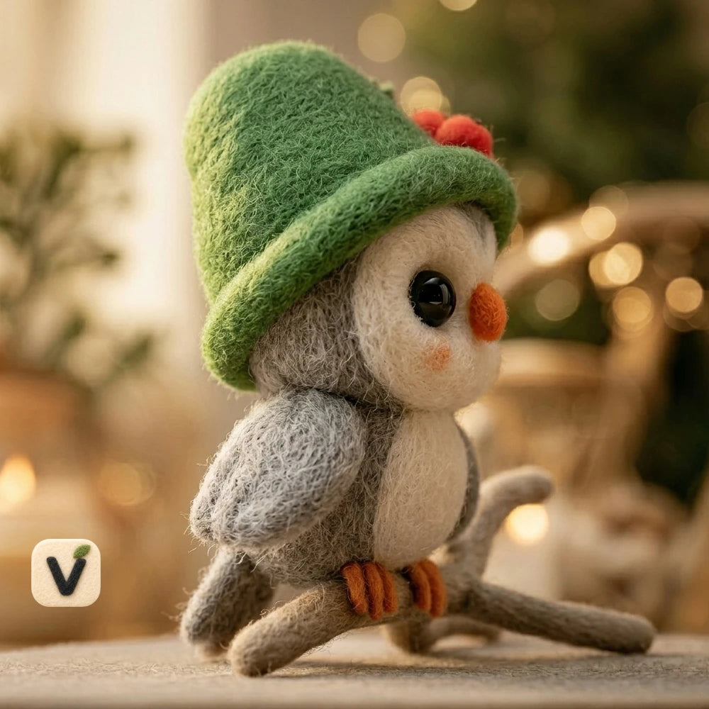 Handmade Wool Felt Christmas Owl Figurine with Green Holly Hat on Branch – Holiday Desktop Ornament