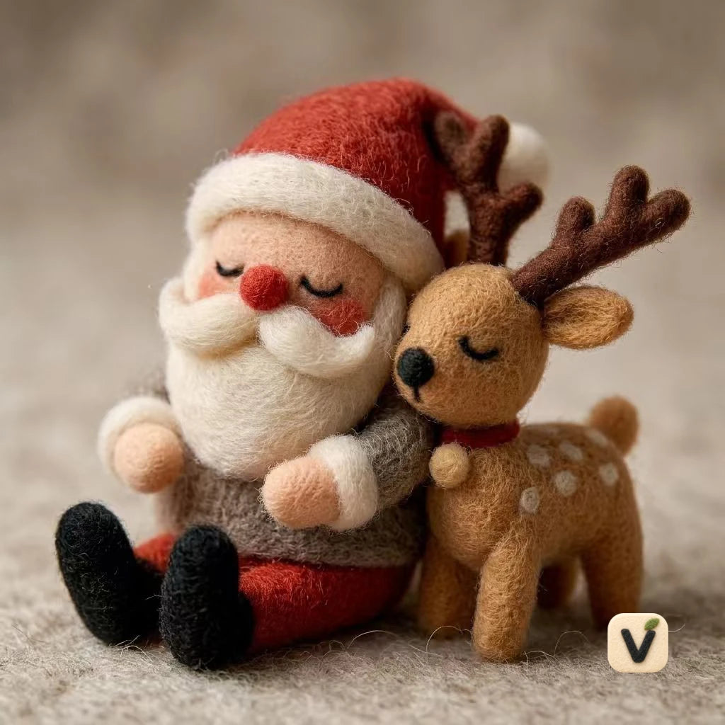 Handmade Wool Felt Sleeping Santa Claus with Spotted Reindeer – Christmas Warm Companion Desktop Ornament