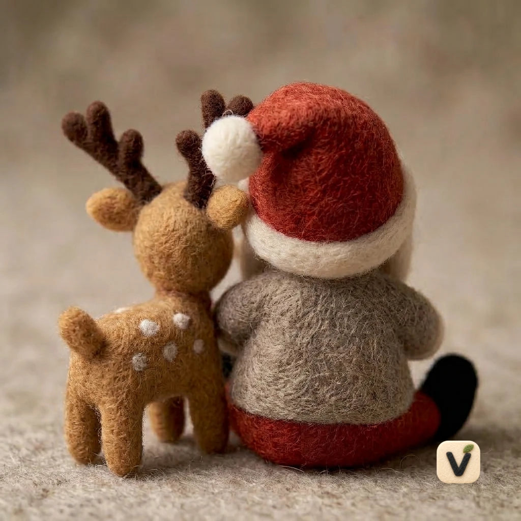 Handmade Wool Felt Sleeping Santa Claus with Spotted Reindeer – Christmas Warm Companion Desktop Ornament