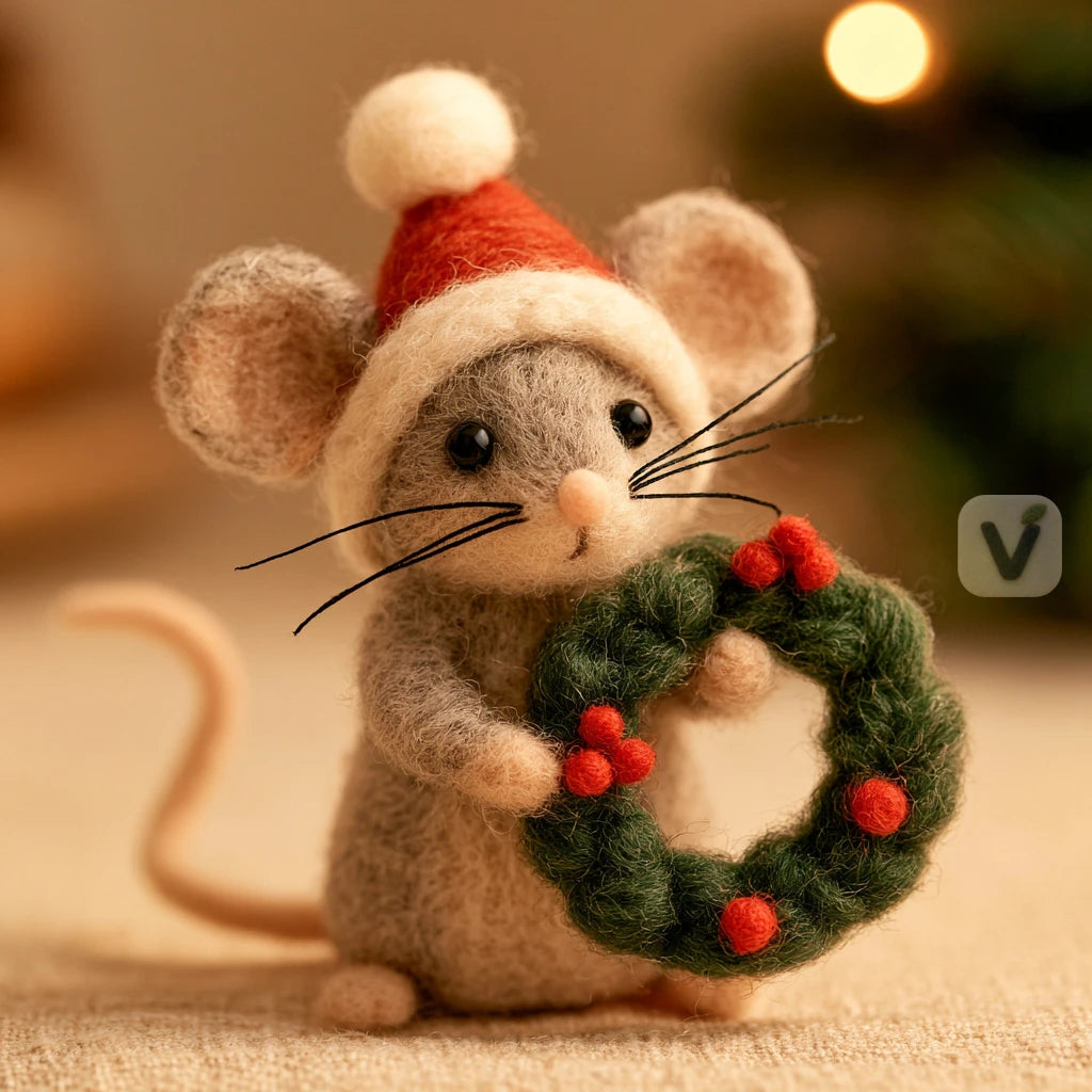 Handmade Wool Felt Christmas Mouse Figurine with Santa Hat and Holiday Wreath – Holiday Desktop Ornament