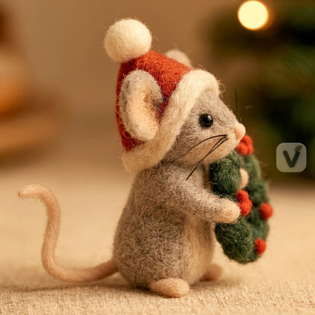 Handmade Wool Felt Christmas Mouse Figurine with Santa Hat and Holiday Wreath – Holiday Desktop Ornament