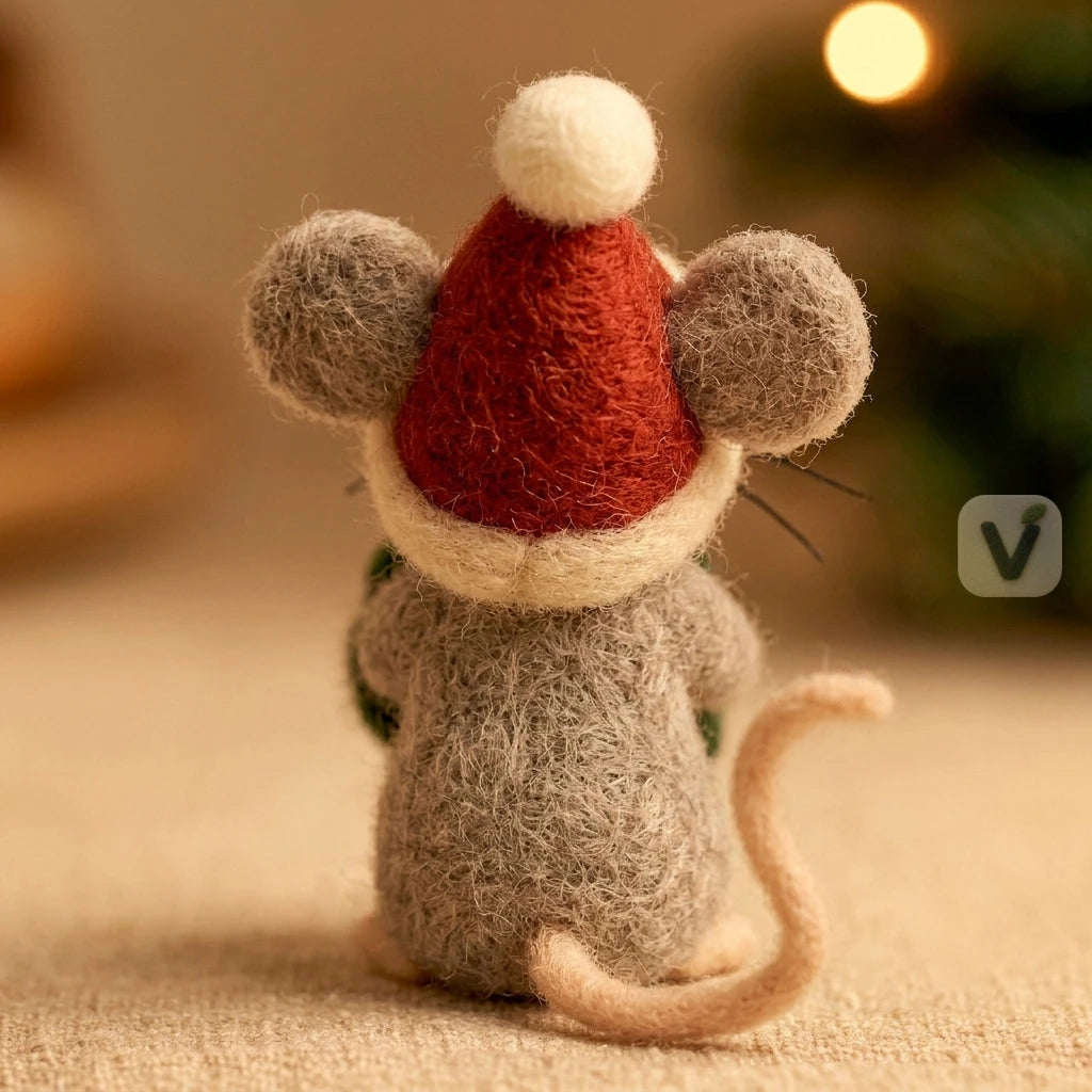 Handmade Wool Felt Christmas Mouse Figurine with Santa Hat and Holiday Wreath – Holiday Desktop Ornament