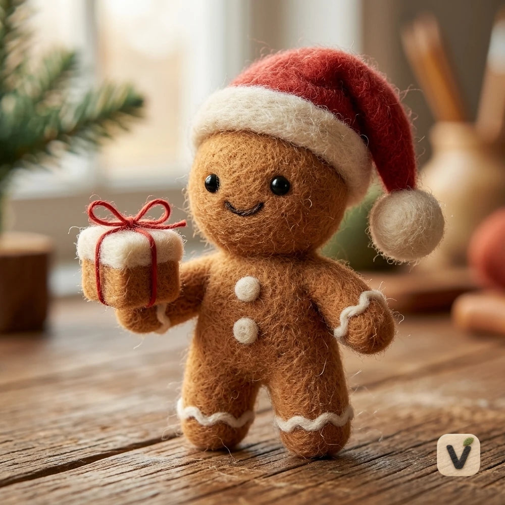 Handmade Wool Felt Christmas Gingerbread Man with Santa Hat and Gift Box – Festive Holiday Desktop Ornament