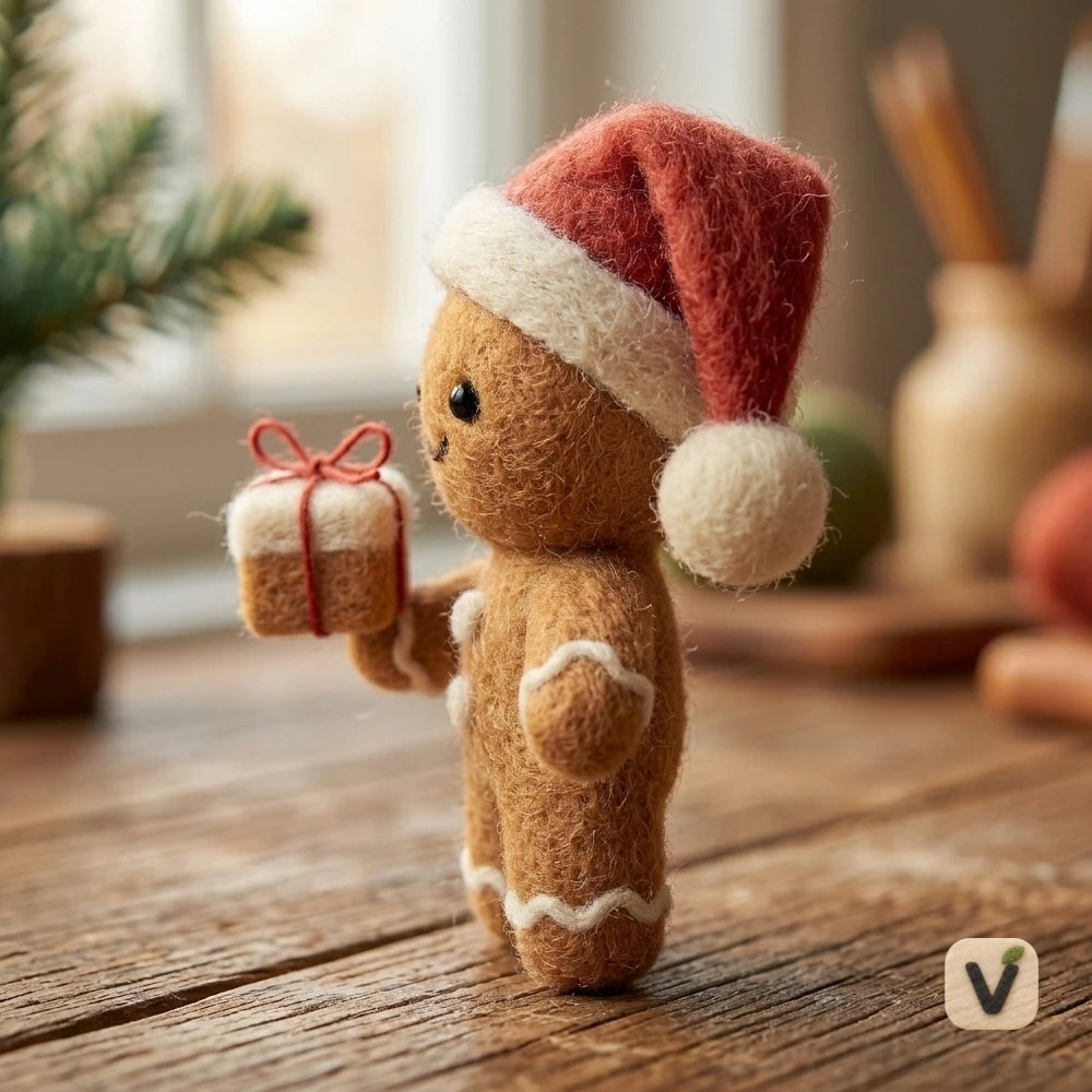 Handmade Wool Felt Christmas Gingerbread Man with Santa Hat and Gift Box – Festive Holiday Desktop Ornament