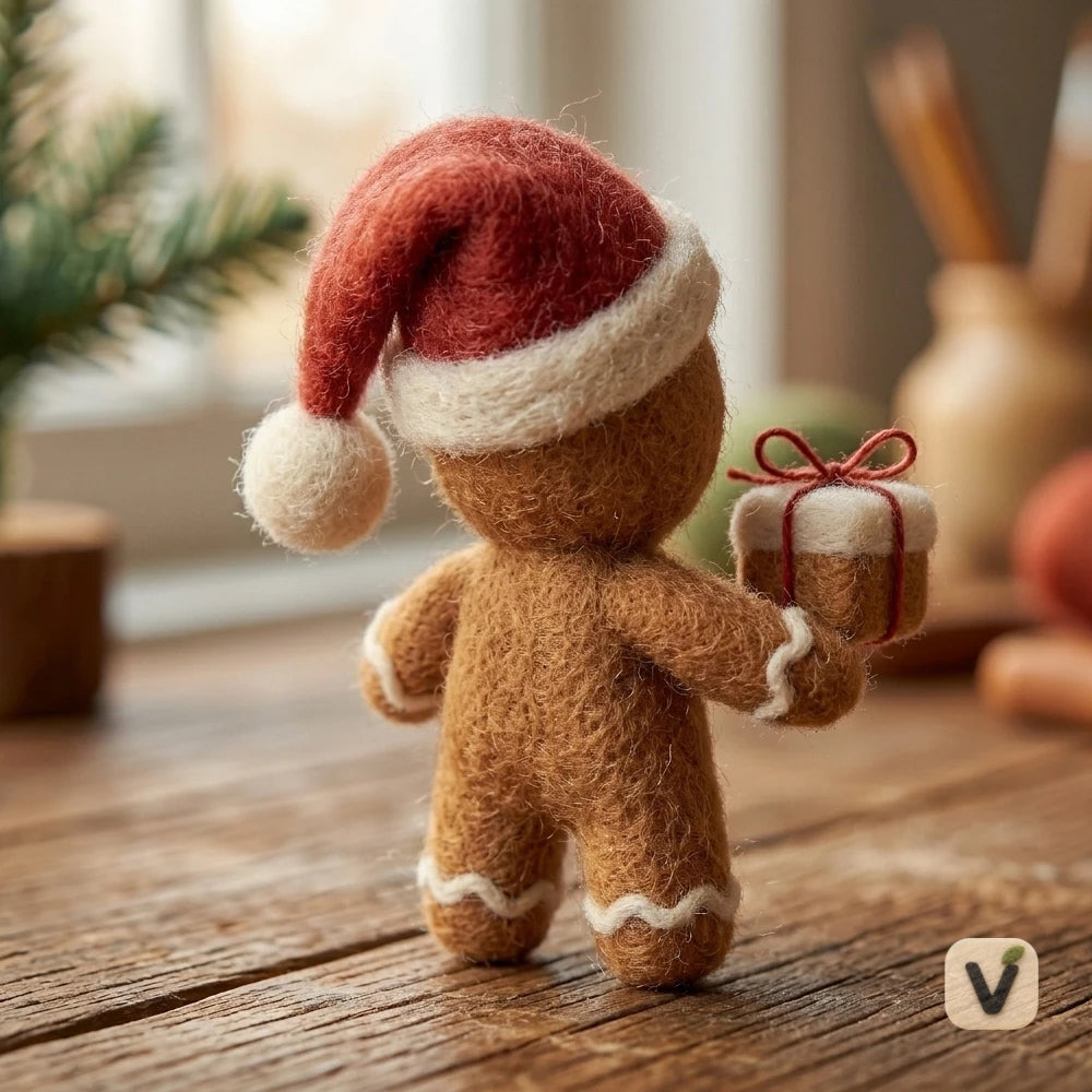 Handmade Wool Felt Christmas Gingerbread Man with Santa Hat and Gift Box – Festive Holiday Desktop Ornament