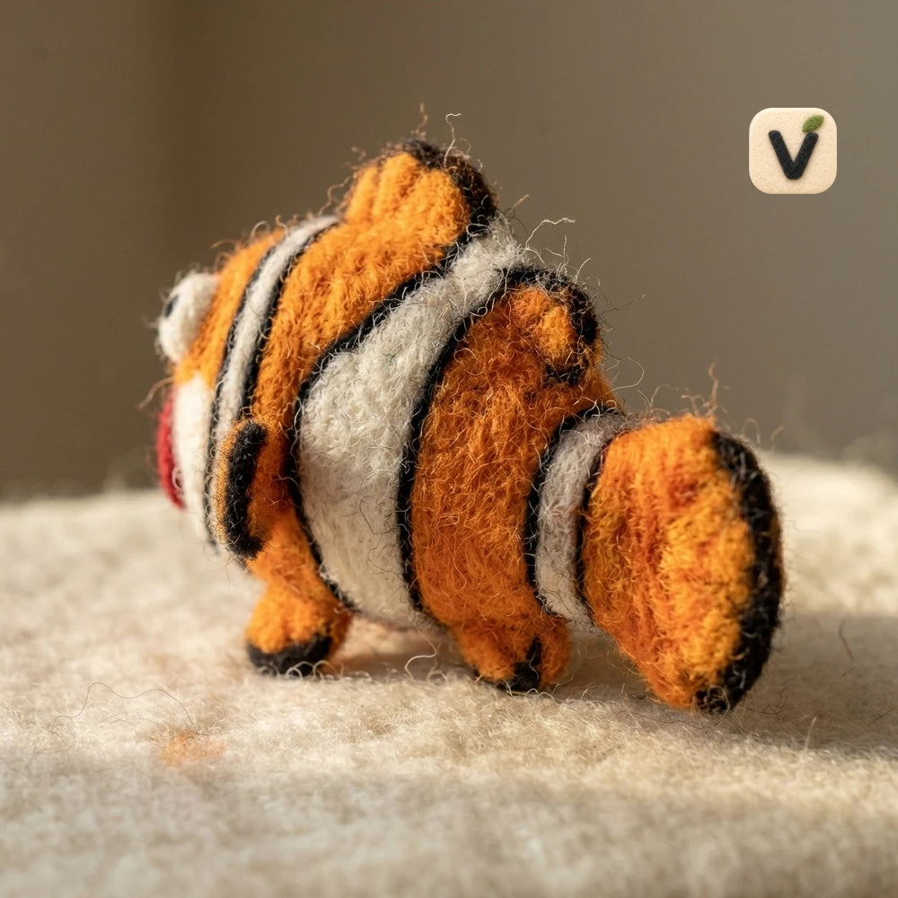 Handmade Wool Felt Grumpy Clownfish Figurine with Orange White Stripes – Cute Marine Life Table Decor