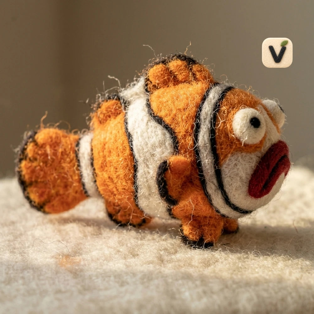 Handmade Wool Felt Grumpy Clownfish Figurine with Orange White Stripes – Cute Marine Life Table Decor