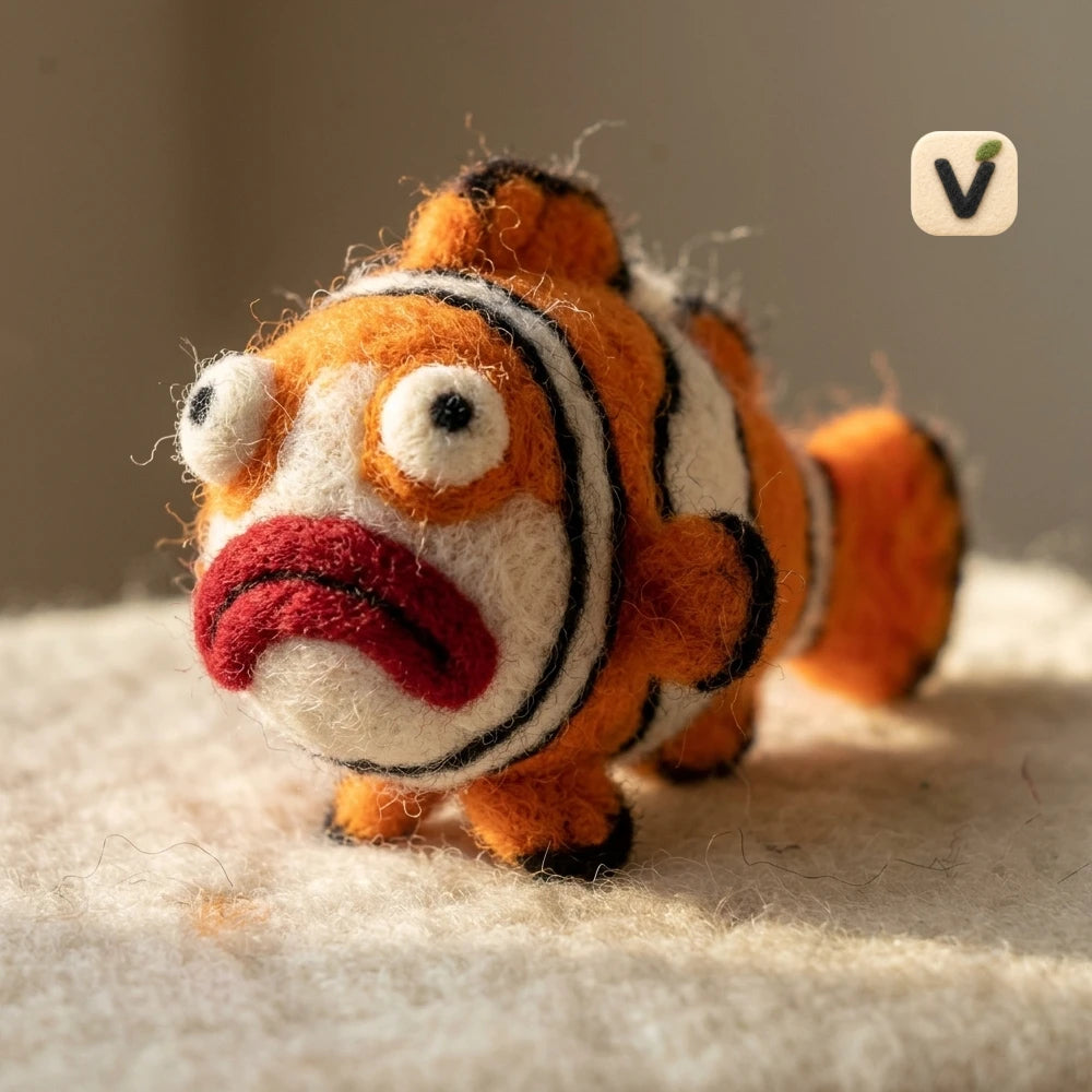 Handmade Wool Felt Grumpy Clownfish Figurine with Orange White Stripes – Cute Marine Life Table Decor