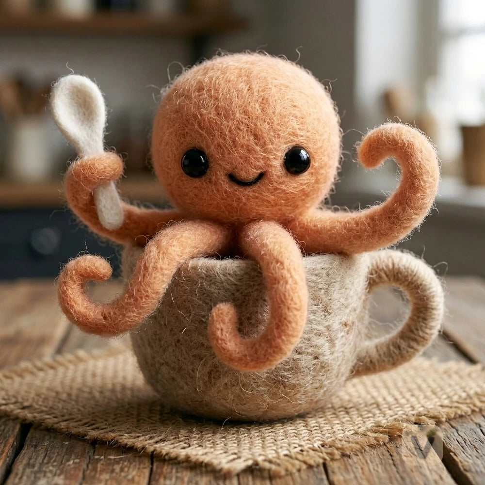 Handmade Wool Felt Cute Octopus in Teacup with Spoon – Marine Animal Tabletop Decor