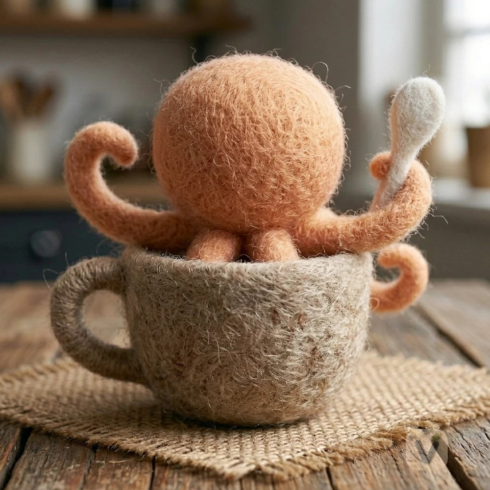 Handmade Wool Felt Cute Octopus in Teacup with Spoon – Marine Animal Tabletop Decor