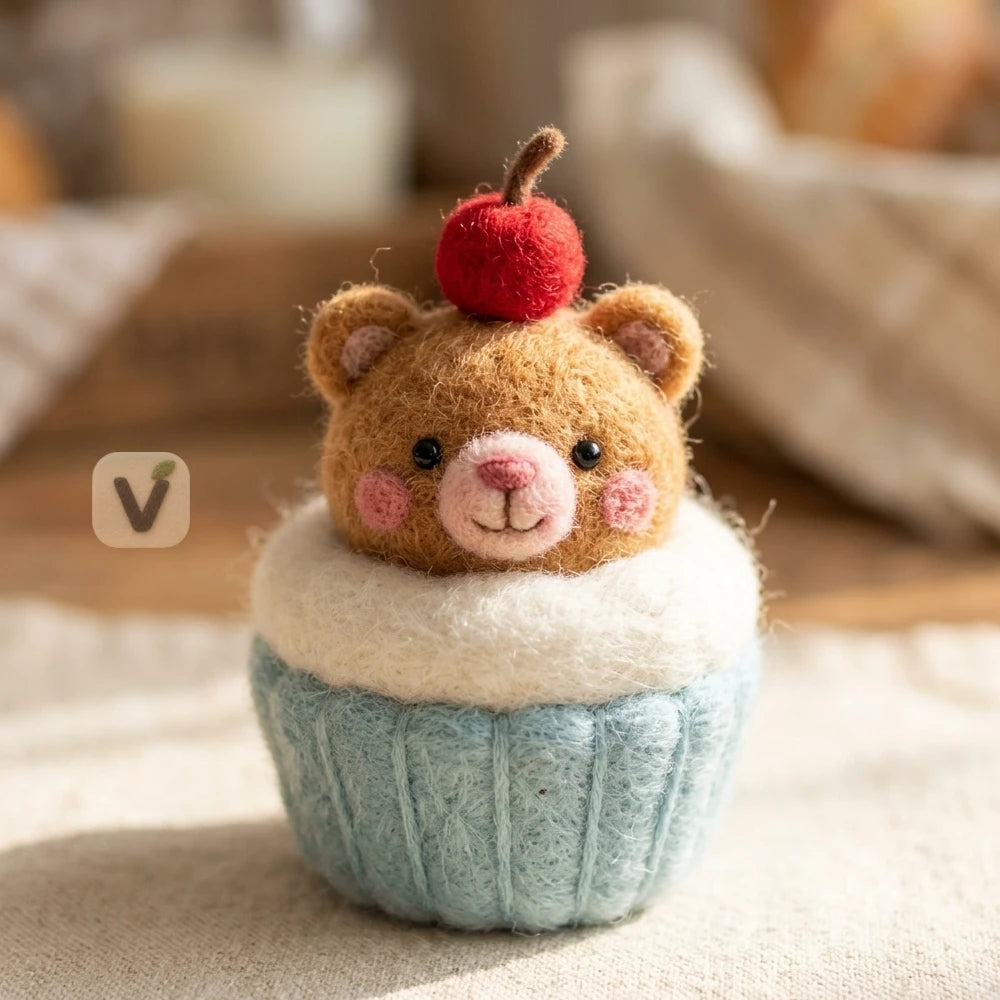 Handmade Wool Felt Cupcake Bear Ornament with Cherry Topper – Cute Dessert Themed Desktop Figurine