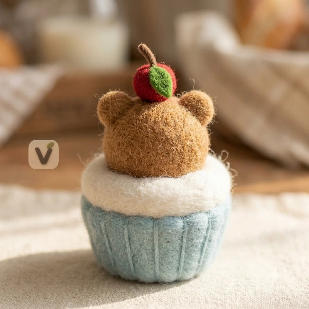 Handmade Wool Felt Cupcake Bear Ornament with Cherry Topper – Cute Dessert Themed Desktop Figurine