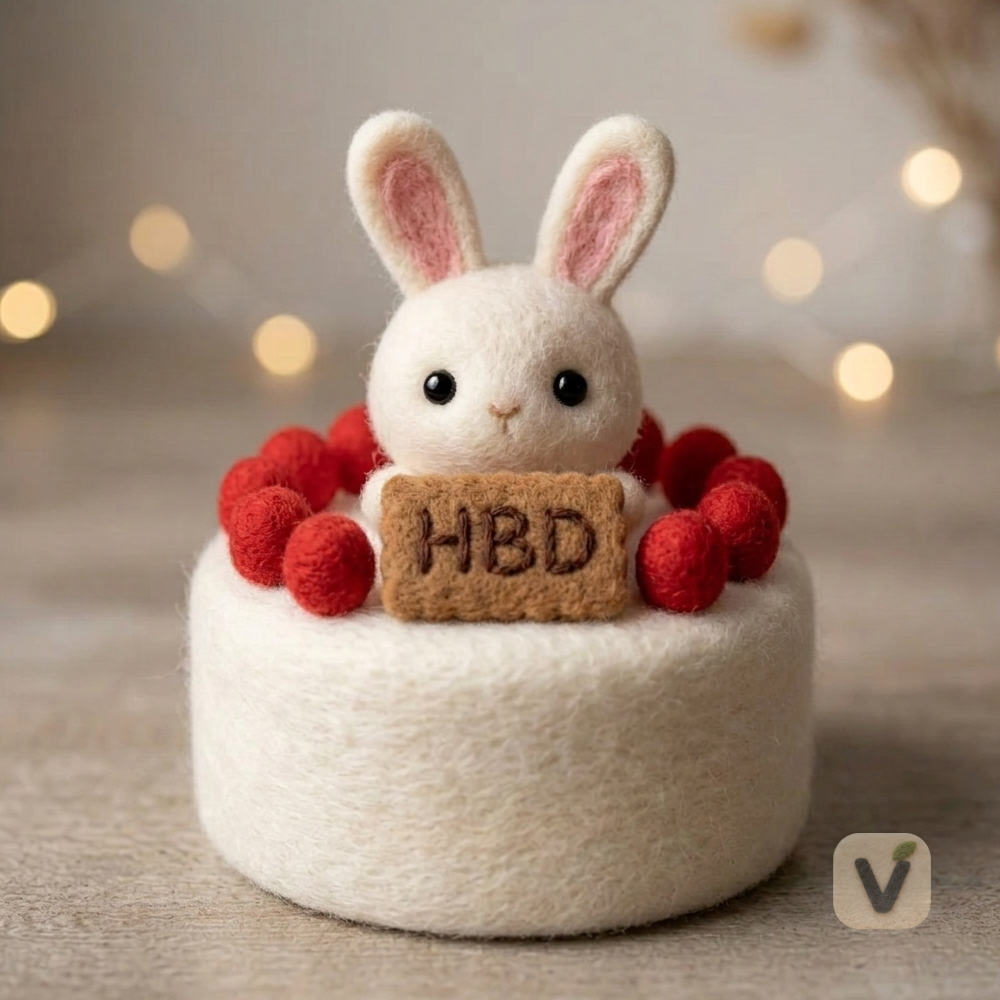 Handmade Wool Felt Bunny Birthday Cake Ornament with HBD Cookie – Cute Celebration Desktop Figurine