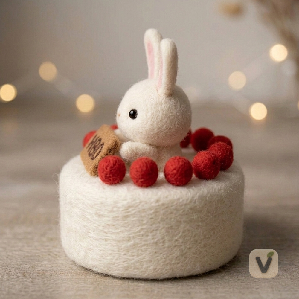 Handmade Wool Felt Bunny Birthday Cake Ornament with HBD Cookie – Cute Celebration Desktop Figurine