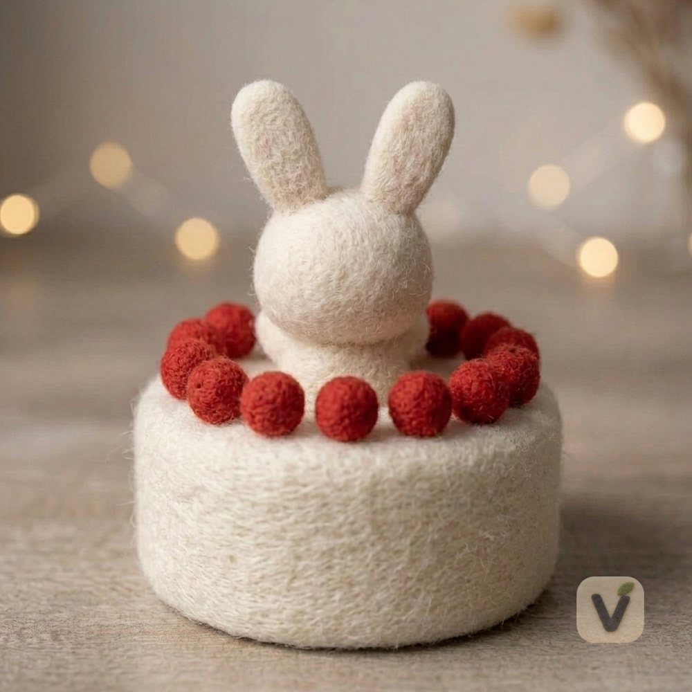 Handmade Wool Felt Bunny Birthday Cake Ornament with HBD Cookie – Cute Celebration Desktop Figurine