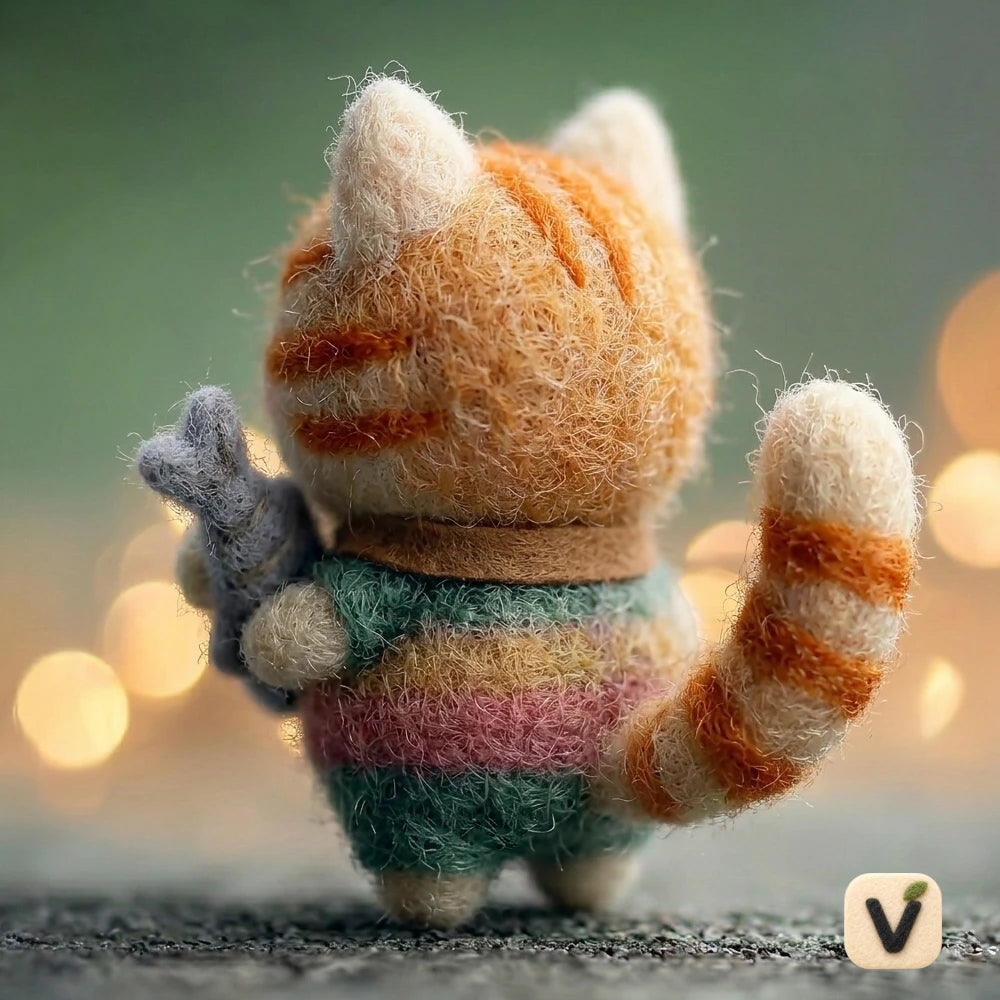 Handmade Wool Felt Orange Tabby Cat Figurine with Mini Fish & Gradient Sweater – Cute Pet Decor