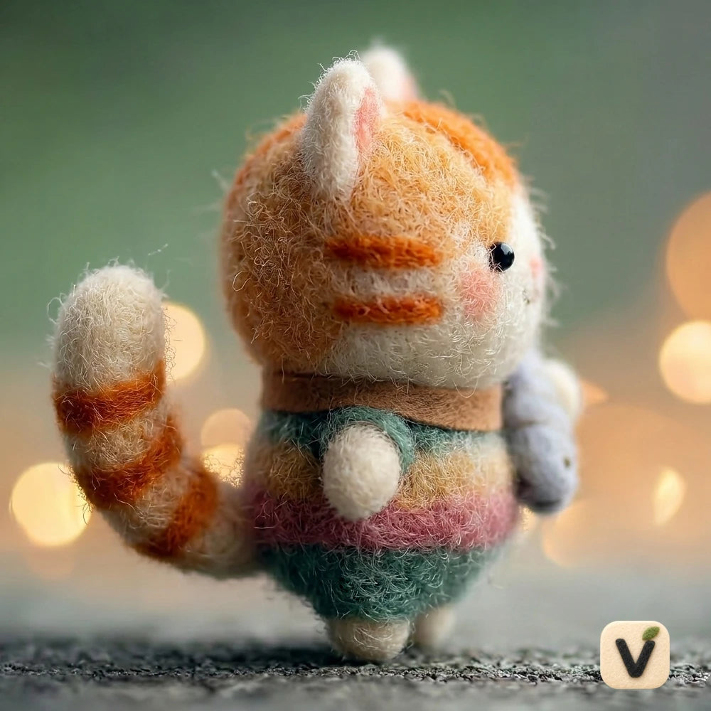 Handmade Wool Felt Orange Tabby Cat Figurine with Mini Fish & Gradient Sweater – Cute Pet Decor
