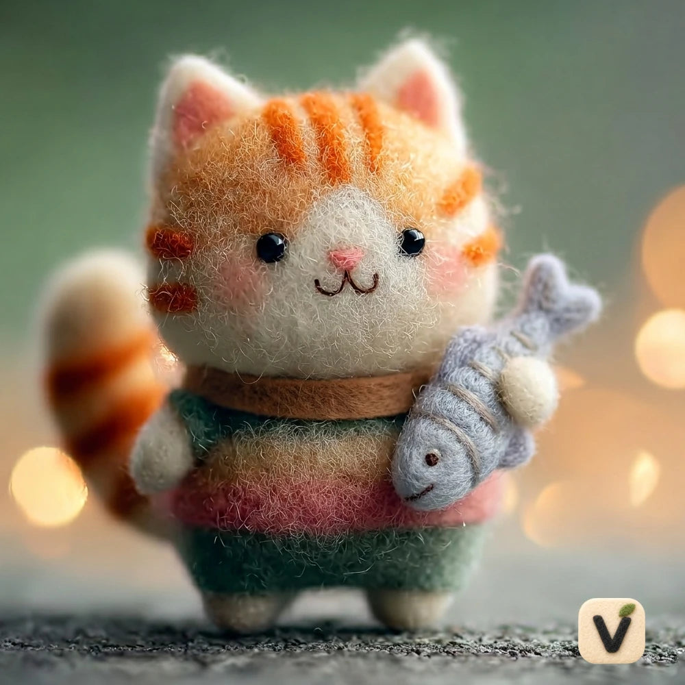 Handmade Wool Felt Orange Tabby Cat Figurine with Mini Fish & Gradient Sweater – Cute Pet Decor