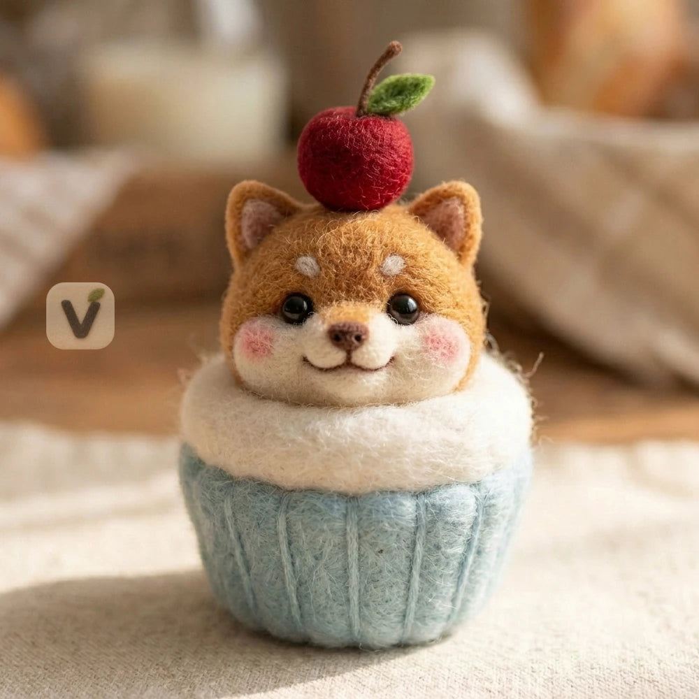 Handmade Wool Felt Cupcake Shiba Inu Ornament with Cherry Topper – Cute Dessert Themed Desktop Figurine