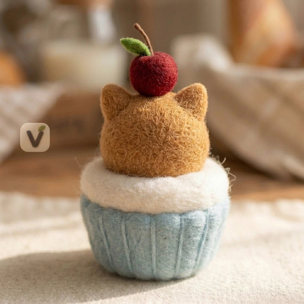 Handmade Wool Felt Cupcake Shiba Inu Ornament with Cherry Topper – Cute Dessert Themed Desktop Figurine