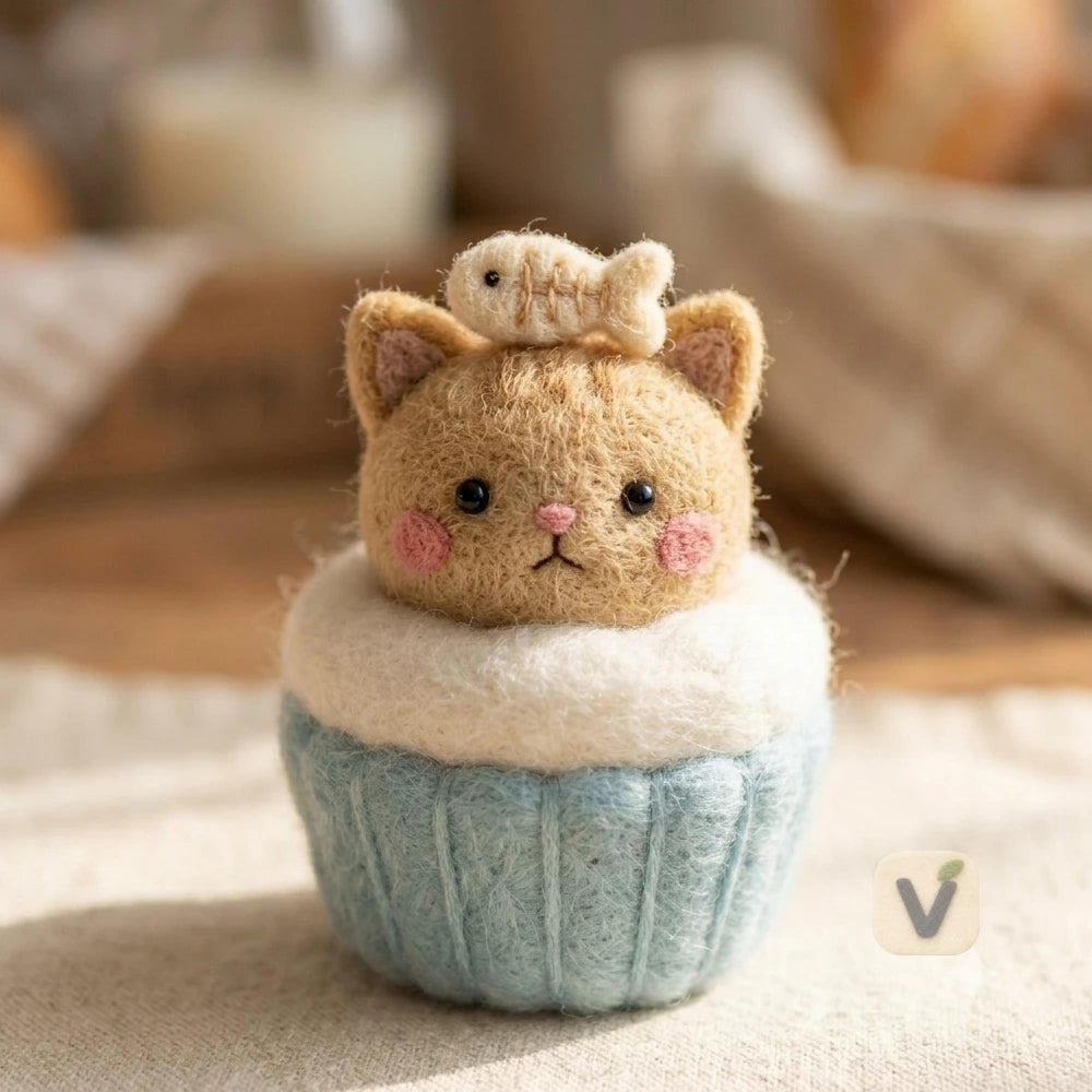 Handmade Wool Felt Cupcake Cat Ornament with Fish Bone Topper – Cute Dessert Themed Desktop Figurine