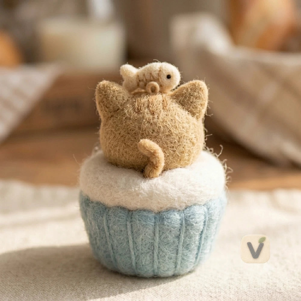 Handmade Wool Felt Cupcake Cat Ornament with Fish Bone Topper – Cute Dessert Themed Desktop Figurine