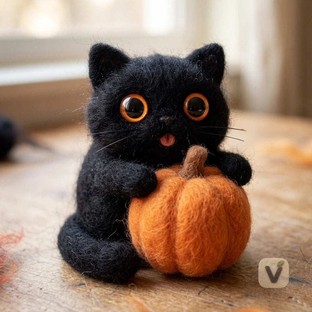 Handmade Wool Felt Halloween Black Cat Figurine with Pumpkin – Holiday Desktop Ornament