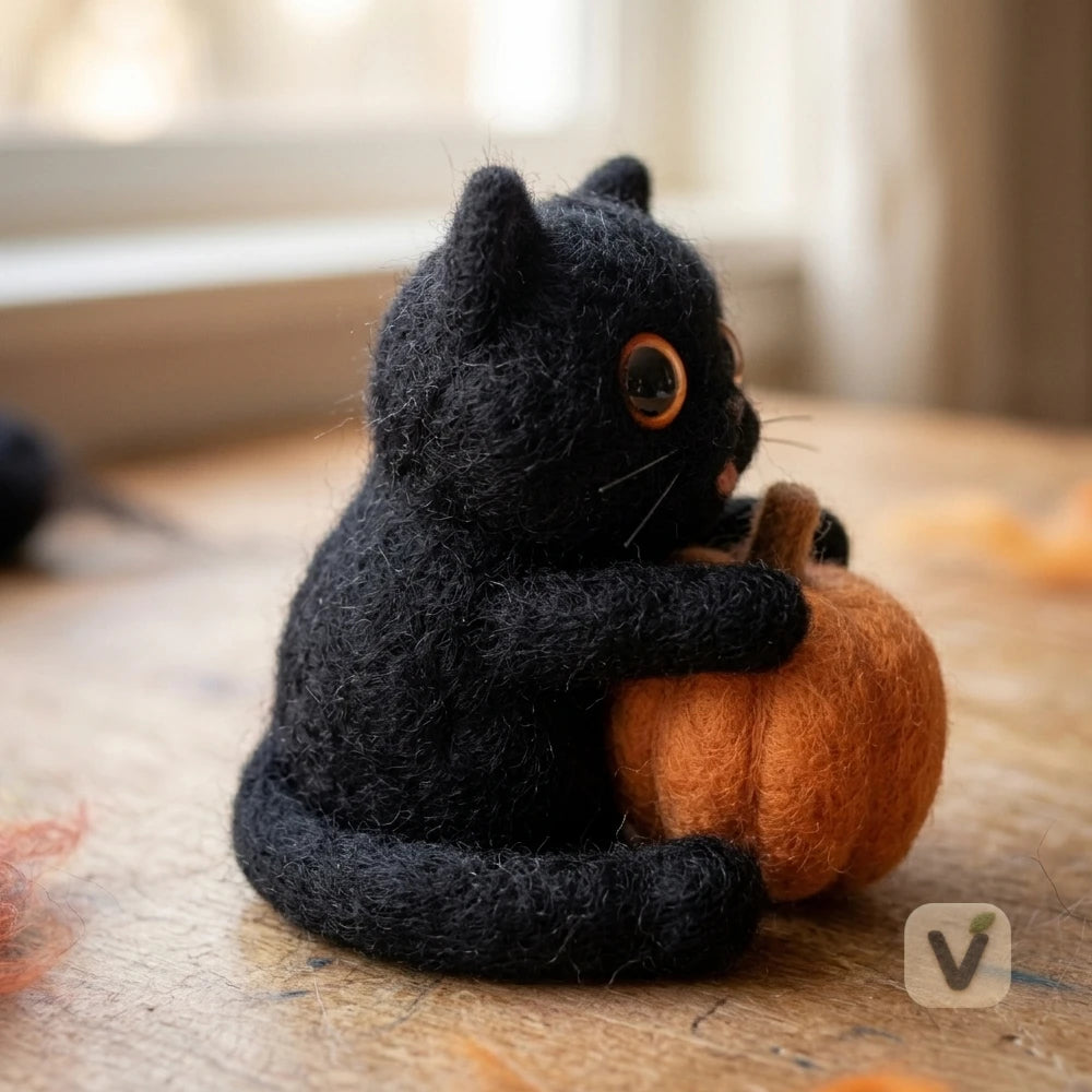 Handmade Wool Felt Halloween Black Cat Figurine with Pumpkin – Holiday Desktop Ornament