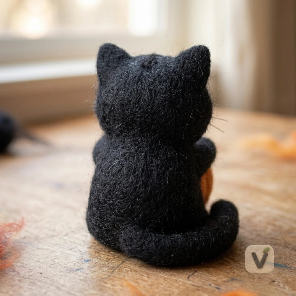 Handmade Wool Felt Halloween Black Cat Figurine with Pumpkin – Holiday Desktop Ornament