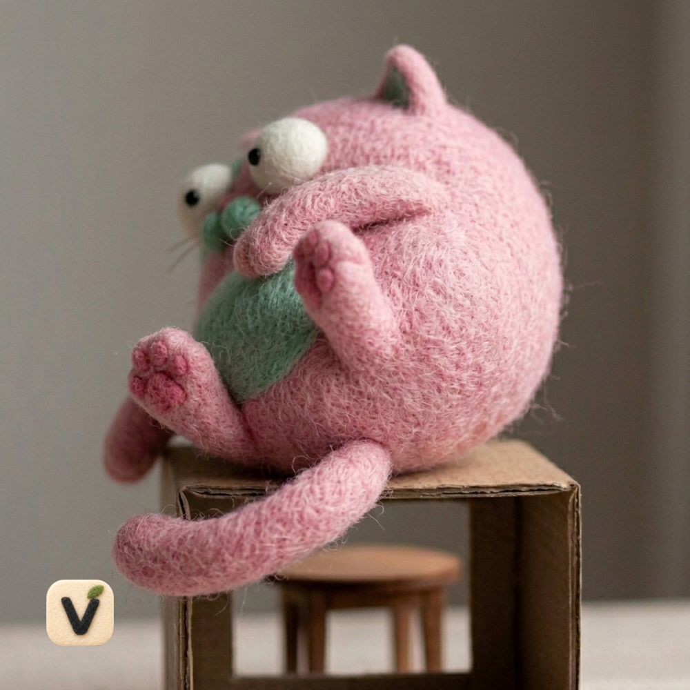 Handmade Wool Felt Chubby Pink & Green Lazy Cat Figurine – Cute Whimsical Pet Decor