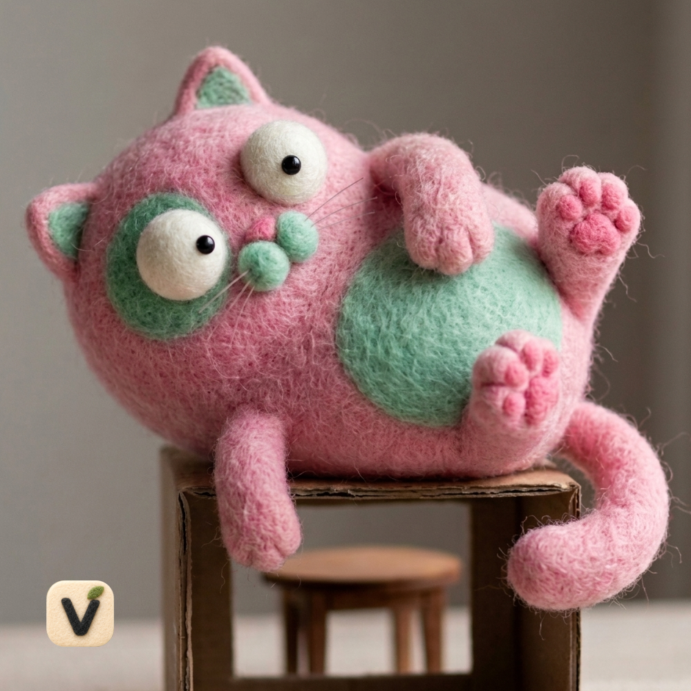 Handmade Wool Felt Chubby Pink & Green Lazy Cat Figurine – Cute Whimsical Pet Decor